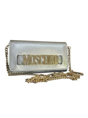 Moschino Milano Silver Metallic Crystal Logo Wallet On Chain Crossbody Clutch